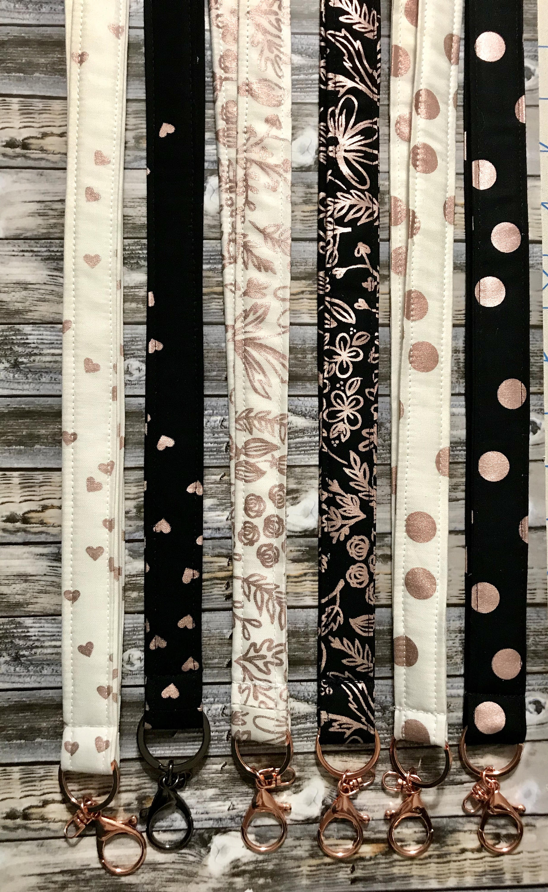 Reversible Lanyard • Rose Gold Metallic Print • Floral Vine and Stripes on  Creamy White • ID Strap • ID Badge Holder • Key Chain • .75x36